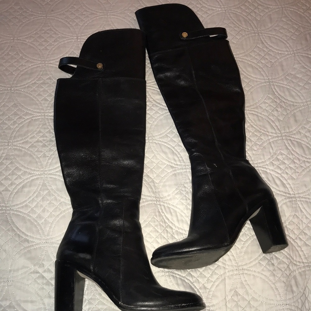 Black Leather Knee Heel Boots